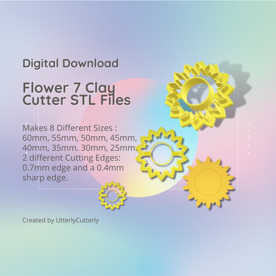 flower 7 clay cutter - sunflower floral botanical stl digital file download- 8 sizes 2 versions earring polymer geometric embossed hexagon utterlycutterly utterly cutterly cookie fondant organic shape indie 3d print model - Mito3D