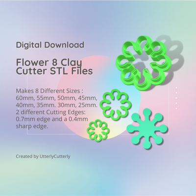 çiçek 8 kil kesici botanik stl dijital dosya download boyutları 2 versiyonlar küpe polimer geometrik kabartmalı altıgen kesinlikle tamamen keskin şekilde kurabiye fondan organik şekil indie 3d print model - Mito3D