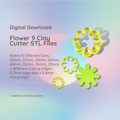 flower 9 clay cutter - floral botanical stl digital file download- 8 sizes 2 versions earring polymer geometric embossed hexagon utterlycutterly utterly cutterly cookie fondant organic shape indie 3d print model - Mito3D