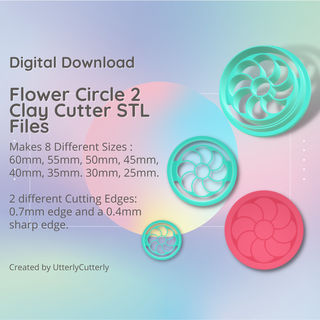 flower circle 2 clay cutter - stl digital file download- 8 sizes versions earring polymer geometric embossed hexagon utterlycutterly utterly cutterly cookie fondant organic shape indie daisy 3d print model - Mito3D