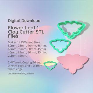 flower leaf 1 clay cutter - stl digital file download- 14 sizes 2 versions earrings brooch pendant hair barrette earring polymer geometric embossed hexagon utterlycutterly utterly cutterly cookie fondant organic shape indie fashion 3d print model - Mito3D