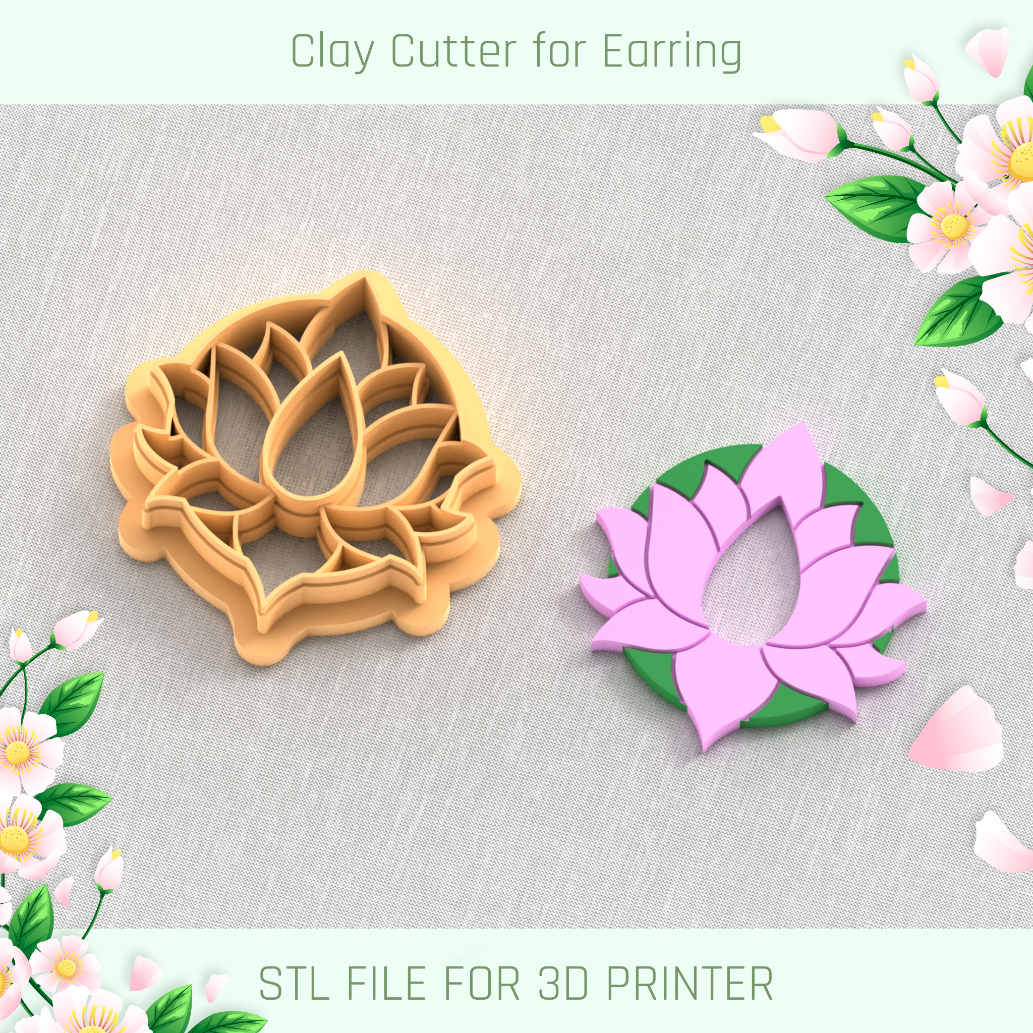 flor loto primavera arcilla cortador herramientas arete florero 3D print model - Mito3D