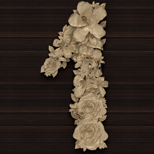 fleur nombre 1 soulagement sculpté baroque décor moulage ornement modèle dessin cnc art panneaux logos Nombres Police caractère symbole feuille architectural décoration 3D print model - Mito3D