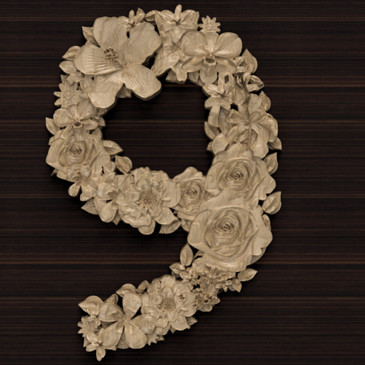 flower number 9 relief carved baroque decor molding ornament pattern drawing cnc art signs logos numbers font symbol leaf nine architectural decoration 3D print model - Mito3D
