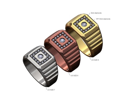 estriado 3mm diamante cuadrado sello anillo us tamaños 7 8 9 3d impresión modelo joyería joya oro plata imprimible costoso lujo reloj presidencial enlace Moda anillos 3d print model - Mito3D