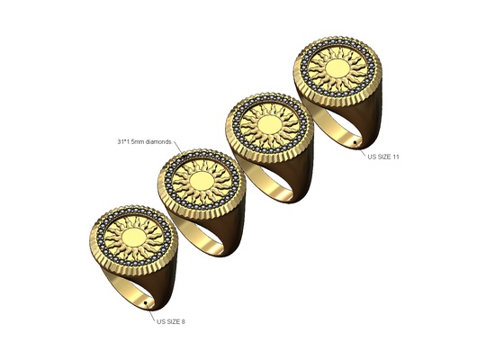 fluted bezel sun diamond signet ring us sizes 8to11 3d print model watch jewelry luxury printable gold silver jewellery statement bling chunky 3d print model - Mito3D