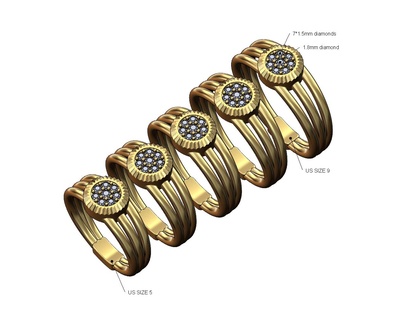 estriado diamante triple cable banda us tamaños 5to9 3d impresión modelo reloj corona racimo cuerda anillo joyería joya imprimible oro plata Boda compromiso Moda 3d print model - Mito3D