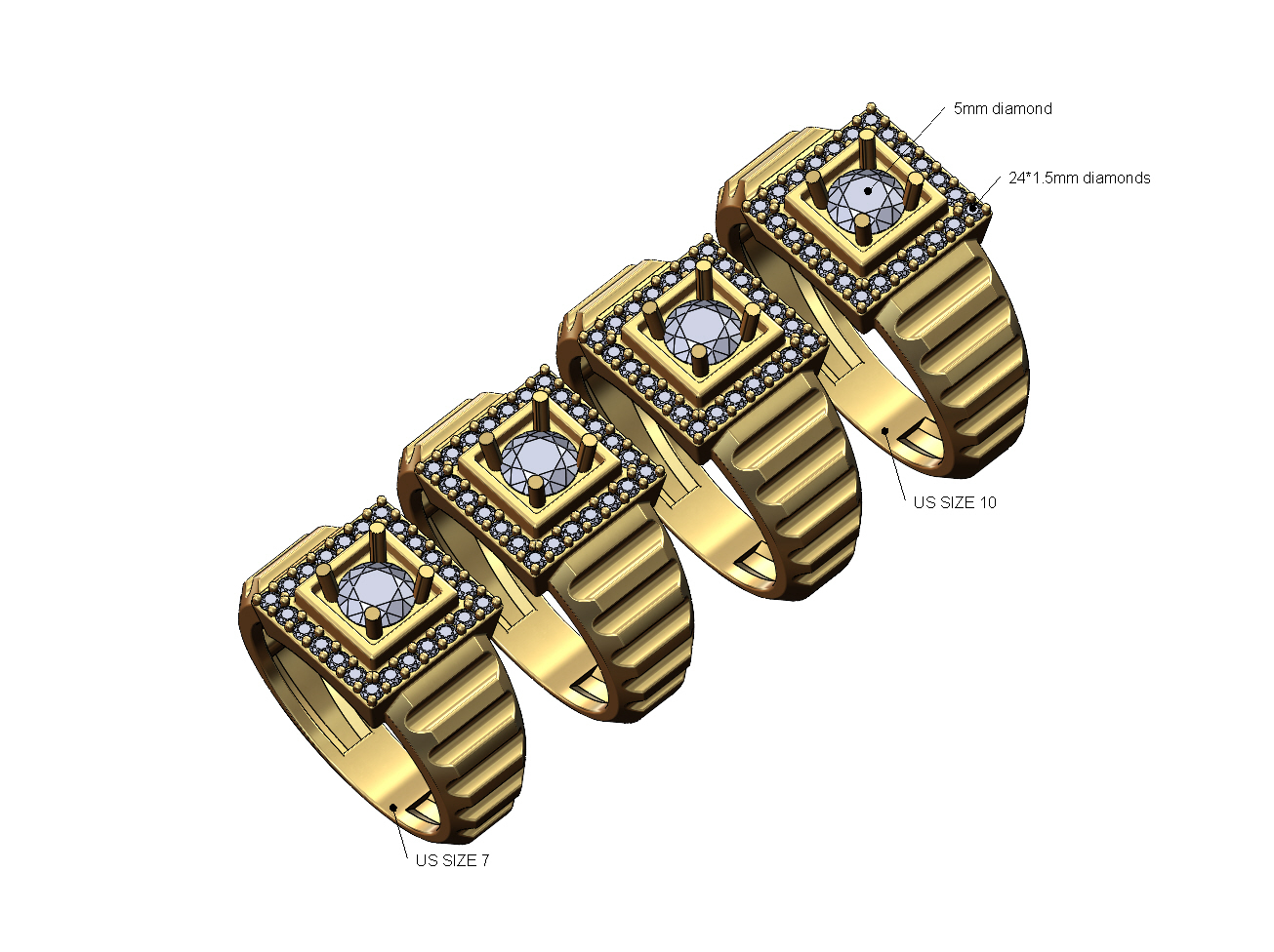 fluted haste quadrado diamante anel us tamanhos 7to10 3d impressão modelo joalheria imprimível ouro prata moda jóias luxo robusto bling senhores homens gelado hiphop 3D print model - Mito3D