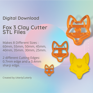 fox head 3 clay cutter - mystic moon animal stl digital file download- 8 sizes 2 versions earring polymer geometric embossed hexagon utterlycutterly utterly cutterly cookie fondant organic shape indie 3d print model - Mito3D