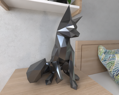 fox seated lowpoly animal geometric origami art sculpture statue faceted decorative model wall low poly fantasy 3d print model - Mito3D
