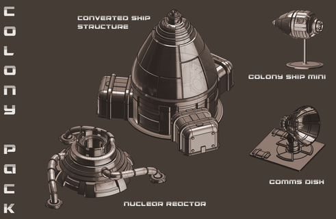 galactic pioneer colony pack bundle mini minis miniature tabletop ship colony highly detailed colony ship nuclear nuclear reactor power reactor rpg gaming scifi sci-fi futuristic terrain parts  3d print model - Mito3D