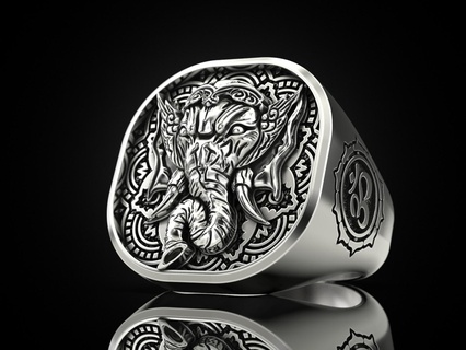 ganesha ring ganesh indian hindu hinduism religious ohm lord om god elephant mythology figurine brahmanda shiva silver jewellery jewelry 3dprinted design 3d print model - Mito3D