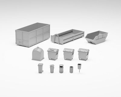 garbage pack - set 13 containers bins h0 scale model miniature miniatures ho railroad accessories diorama modellbau trashcan dumpster waste recycling bin hooklift industrial 3d print model - Mito3D
