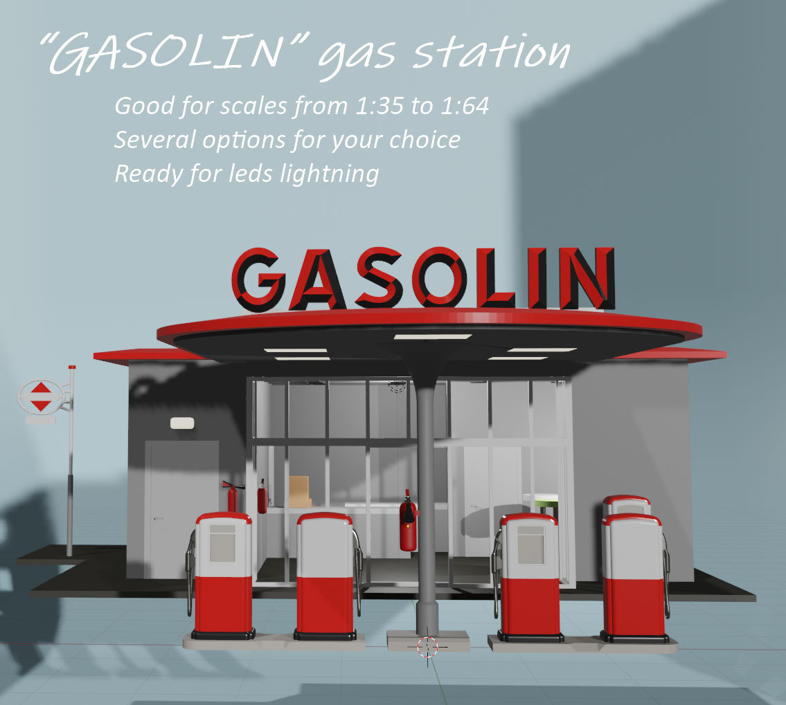 gas estación escamas 1 35 43 48 50 55 64 28 mm montaje equipo gasolina coche vehiculo ciudad infraestructura moderno 60 edificio 3D print model - Mito3D