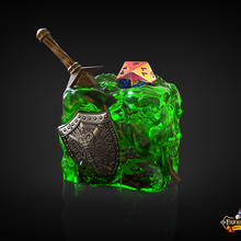 gelatinoso cubo dados cadeia suporte livre dice jail gelatinosouscube gelatinous cube destino fates end rpg dnd role playing game dungeons and dragons support free supports tampo mesa tabletop games escudo espada crânio preso 3d print model - Mito3D