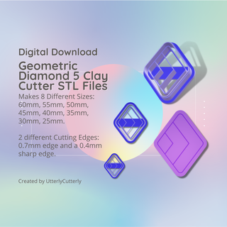 geometric diamond 5 clay cutter - stl digital file download- 8 sizes 2 cutter versions earrings pendant barrette earring clay cutter clay cutter polymer clay polymer clay cutter earring cutter geometric clay cutter embossed clay cutter hexagon hexagon clay cutter utterlycutterly utterly cutterly cookie cutter fondant cutter cookie organic shape indie fashion  3d print model - Mito3D