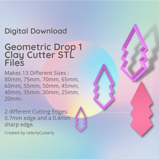 geometric drop 1 clay cutter - stl digital file download- 13 sizes 2 versions earring polymer embossed hexagon utterlycutterly utterly cutterly cookie fondant organic shape indie fashion 3d print model - Mito3D
