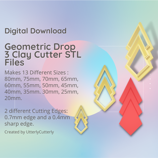 geometric drop 3 clay cutter - stl digital file download- 13 sizes 2 versions earring polymer embossed hexagon utterlycutterly utterly cutterly cookie fondant organic shape indie fashion 3d print model - Mito3D