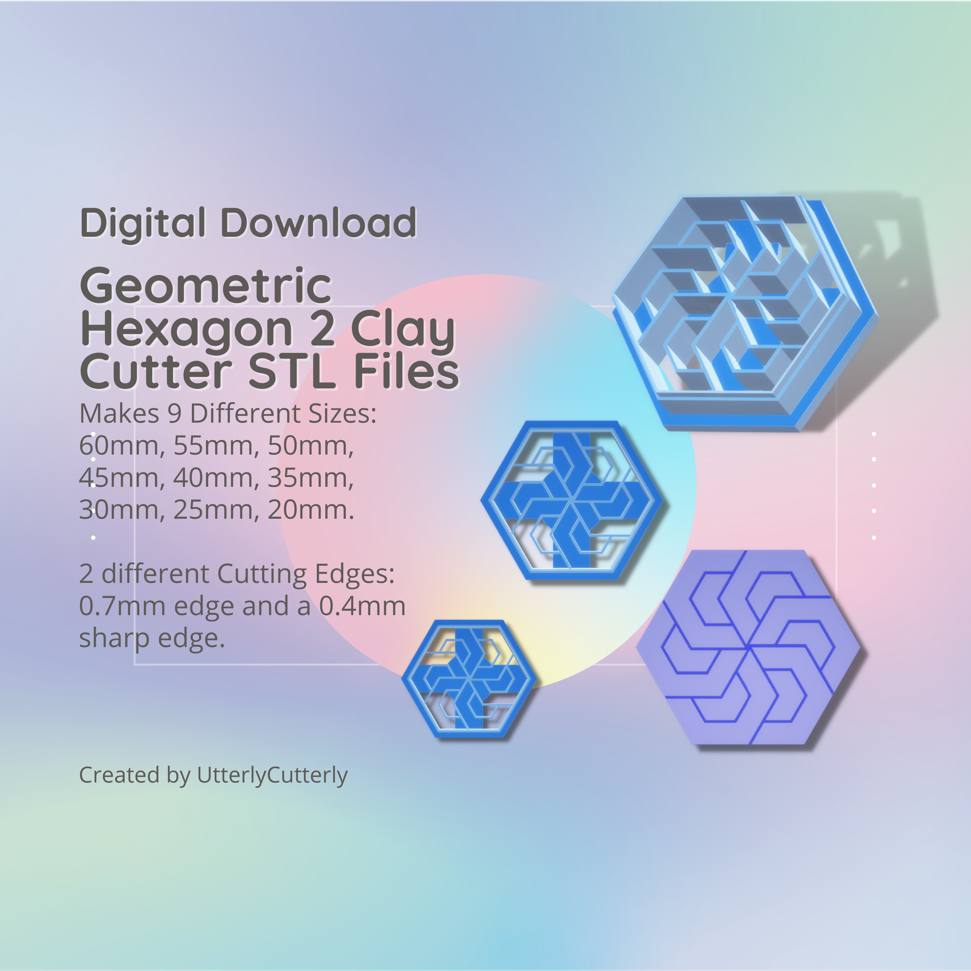 geometric hexagon 2 clay cutter - stl digital file download- 9 sizes earring versions cookie polymer embossed utterlycutterly utterly cutterly fondant organic shape indie fashion 3D print model - Mito3D