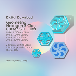 geometric hexagon 3 clay cutter - stl digital file download- 9 sizes 2 earring versions cookie polymer embossed utterlycutterly utterly cutterly fondant organic shape indie fashion 3d print model - Mito3D