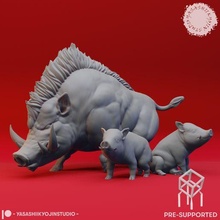 giant boar + piglets- tabletop miniature pre-supported stl 3d print model - Mito3D