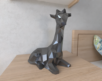 girafe assise lowpoly animal géométrique origami art sculpture statue facetté décoratif modèle mur faible poly fantaisie 3d print model - Mito3D