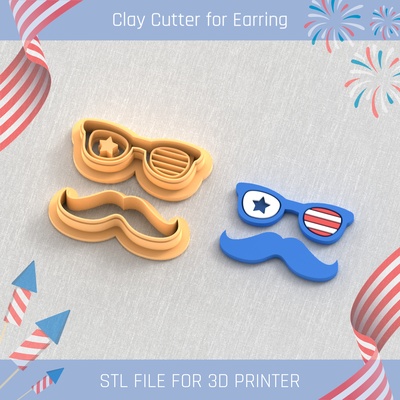 glases mustache set usa independence day clay cutter tools earring 4st july 3d print model - Mito3D