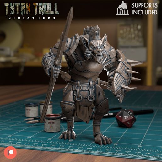 gnoll lancia scudo pre supported gioco dnd miniatura minis dungeon draghi 32mm tytantroll miniature patreon 3D print model - Mito3D