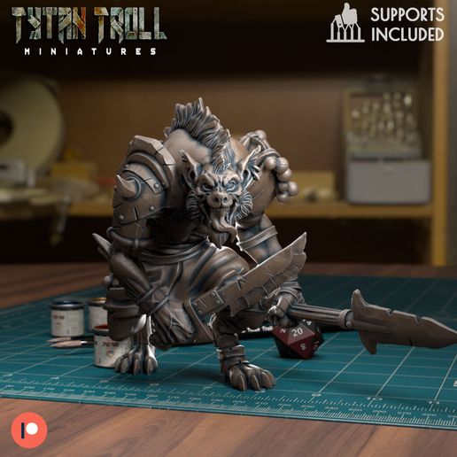 gnoll lancia spada pre supported gioco dnd miniatura minis dungeon draghi 32mm tytantroll miniature patreon 3D print model - Mito3D