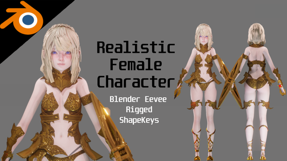 golden knight girl - realistic female character blender eevee Art people sword shield young woman blender3d model white blonde cute body anime 3d print model - Mito3D