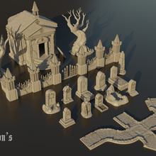 graveyard set game gothic dnd terrain scenery tabletop roleplay greveyard crypt tree tombstones 3d print model - Mito3D