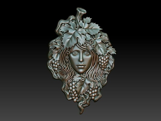 greenlady 4 cnc printing relief decor milling artcam art engraving basrelief woodworking walldecor green woman lady wooden flora grape head medalion nature 3d print model - Mito3D