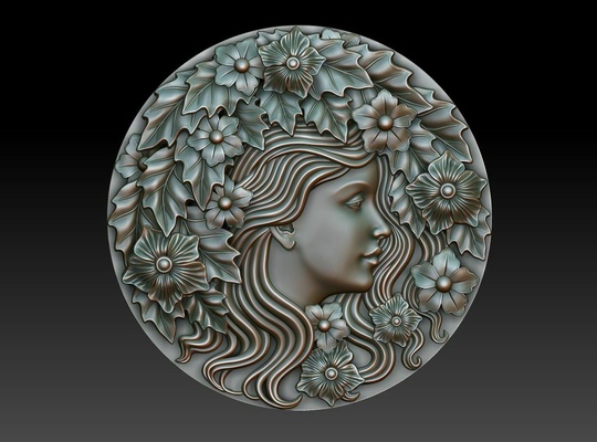 greenlady 6 cnc printing relief decor milling artcam art engraving basrelief woodworking walldecor green woman wooden flora head medalion nature jewelry pendants 3d print model - Mito3D