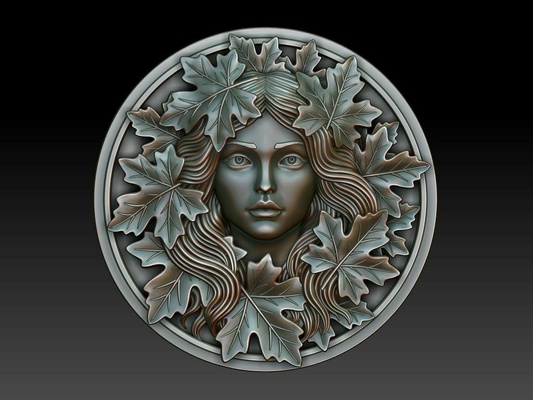greenlady 8 cnc printing relief decor milling artcam art engraving basrelief woodworking walldecor green woman wooden flora head medalion nature pendants jewelry 3d print model - Mito3D
