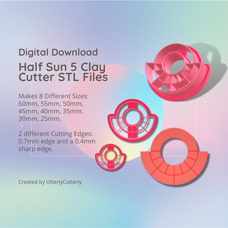 half sun 5 clay cutter - celestial stl digital file download- 8 sizes 2 versions cookie 3d print model - Mito3D