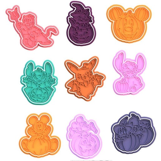 Halloween dessins animés personnages biscuit coupeur ensemble 9 coupeurs cuisine Accueil cuisinier biscuits timbre diable Donald canard chat sorcière citrouille Pokémon 3D print model - Mito3D