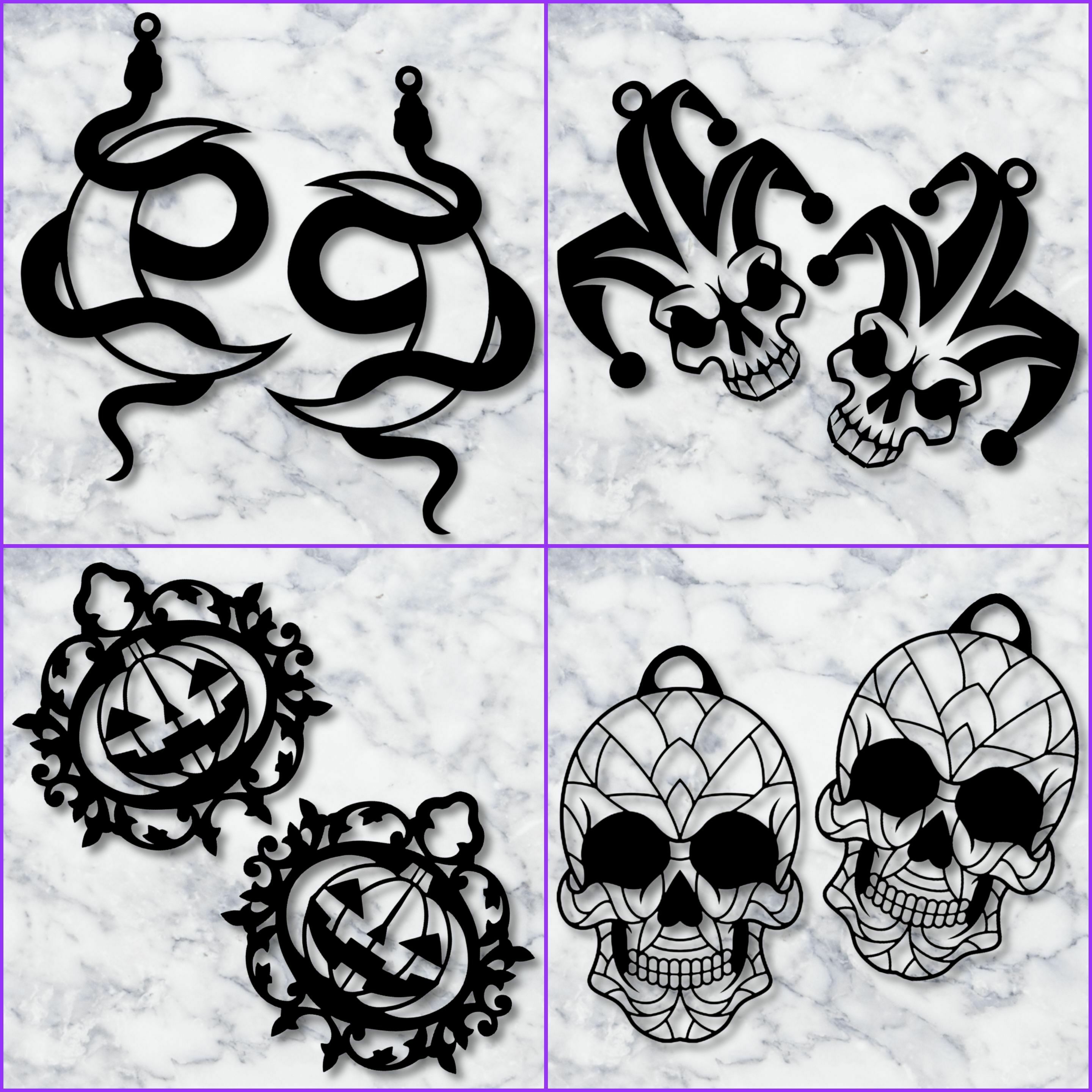 halloween earrings bundle jewelry pack 4 earring styles jack lantern pumpkin skull gothic snake witch witchy jewelery jewellery necklace pendant keychain costume holiday party low poly 3D print model - Mito3D