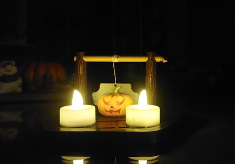 halloween pumpkin guillotine spooky scary orange wood scene bricks candle 3d print model - Mito3D