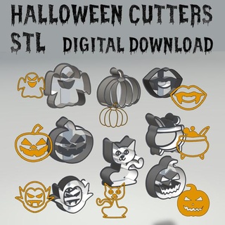 halloween shapes set 8 clay cookie jewellery cutters stamps stl digital download obj pumpkin cutter stamp craft tools 3d print model - Mito3D