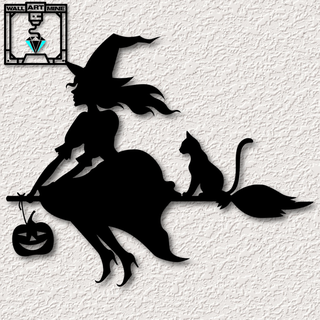Halloween sorcière balai chat mur décor 2d art sorcellerie joli jack lanterne Goth volant hanté esprit femme femelle Accueil maison décoration libre 3d print model - Mito3D