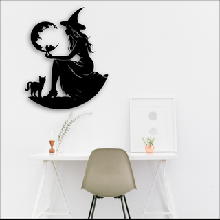 halloween witch wall decoration witch cat halloween october decoration wall table moon  3d print model - Mito3D