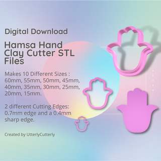 hamsa hand clay cutter - mystical stl digital file download- 10 sizes 2 versions earring polymer geometric embossed hexagon utterlycutterly utterly cutterly cookie fondant organic shape indie fashion 3d print model - Mito3D