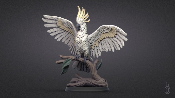 heureux cacatoès perroquet oiseau plume animaux nature mouche aile statue crête arbre art jaune huppé animal compagnie ouvrages d'art perroquets griffes sculptures 3d print model - Mito3D