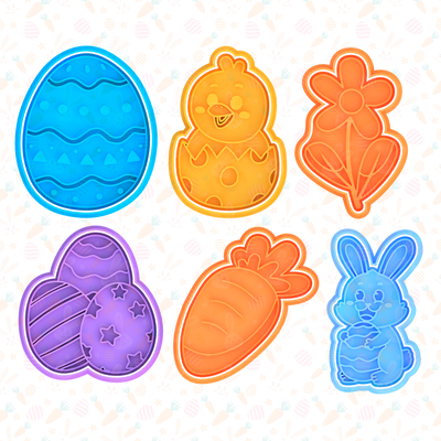 happy easter cookie cutter set of 6 cookies bakery stamp bunny holiday egg eggs animals vegetables mickey mouse 3d print model - Mito3D