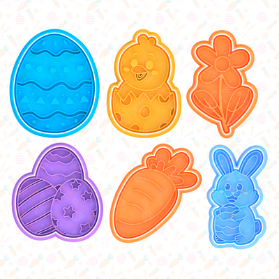 heureux pâques biscuit coupeur ensemble of 6 biscuits boulangerie timbre lapin vacances oeuf œufs animaux légumes mickey souris 3d print model - Mito3D