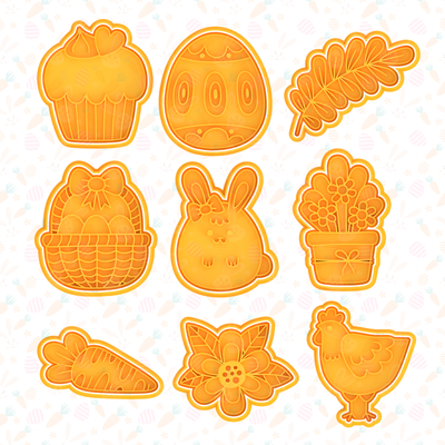 happy easter cookie cutter set of 9 cookies bakery stamp bunny holiday egg eggs animals vegetables mickey mouse 3d print model - Mito3D