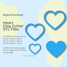 heart clay cutter - embossed stl digital file download- 10 sizes 2 versions 3d print model - Mito3D