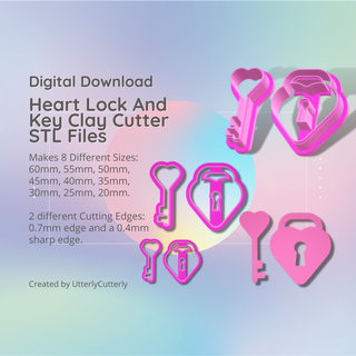 heart lock key 1 clay cutter - stl digital file download- 8 sizes 2 earring versions cookie polymer geometric embossed hexagon utterlycutterly utterly cutterly fondant organic shape indie fashion 3d print model - Mito3D