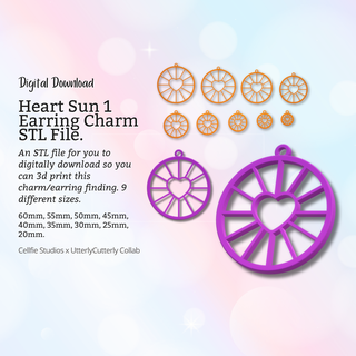 heart sun 1 earring charm stl file - digital download -9 sizes- necklace keyring modern design 3d print model - Mito3D