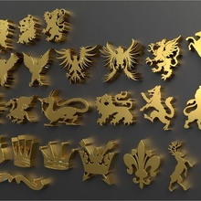 heráldica pacote 3d modelo impressão joalheria real leão rótulo retro decorativo logotipos luxo medieval ouro conjunto crista cavaleiro fantasia coroa 3d print model - Mito3D